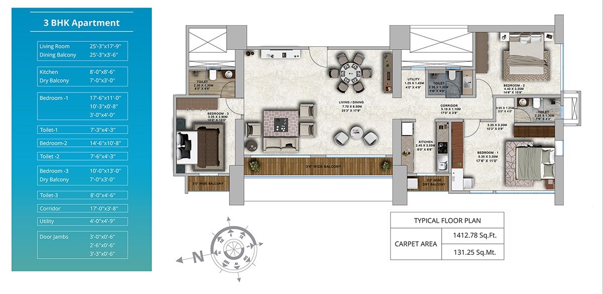Floor plan of 3 BHK 1413 Sq. Ft. Apartment in Richa Park Mist, Mumbai