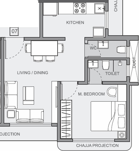 Floor plan of 1 BHK 338 Sq. Ft. Apartment in Riddhi Rajendra Nagar Swagat CHS, Mumbai