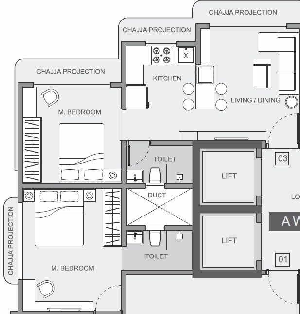 Floor plan of 2 BHK 676 Sq. Ft. Apartment in Riddhi Rajendra Nagar Swagat CHS, Mumbai