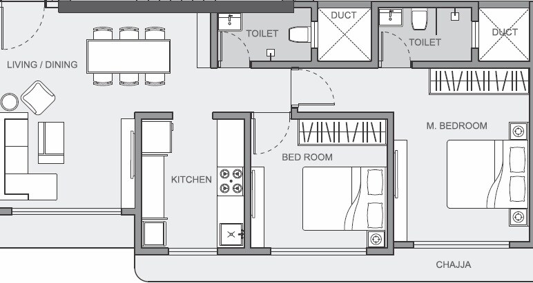 Floor plan of 2 BHK 724 Sq. Ft. Apartment in Riddhi Rajendra Nagar Swagat CHS, Mumbai