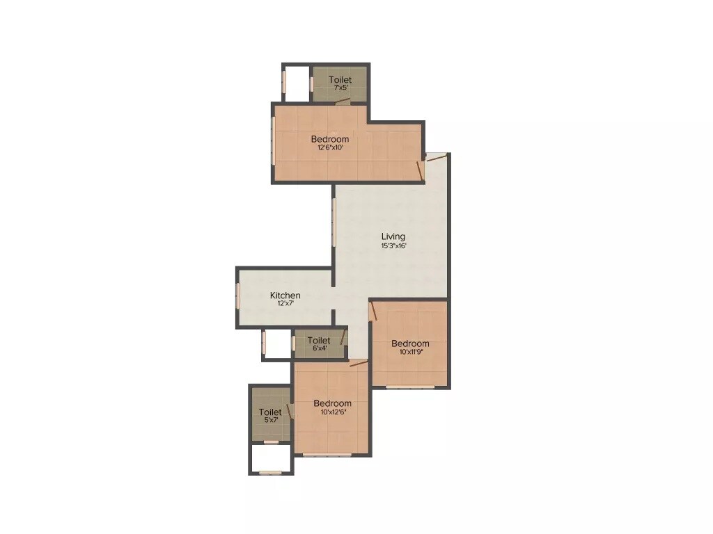 Floor plan of 3 BHK Apartment - 1015 sq. ft. in Right Channel Grishma Heights, Mumbai