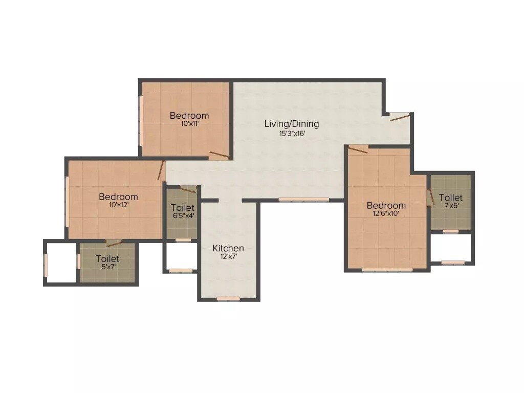 Floor plan of 3 BHK Apartment - 898 sq. ft. in Right Channel Grishma Heights, Mumbai