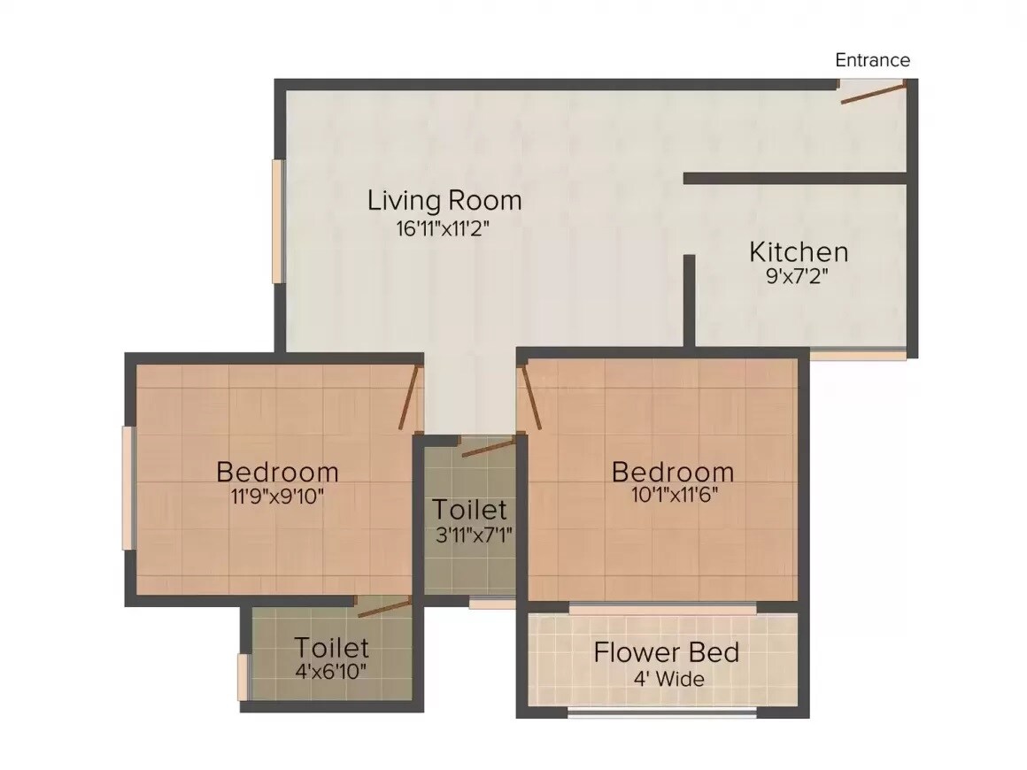 Floor plan of 2 BHK 655 Sq. Ft. Apartment in Right Vrindavan, Mumbai