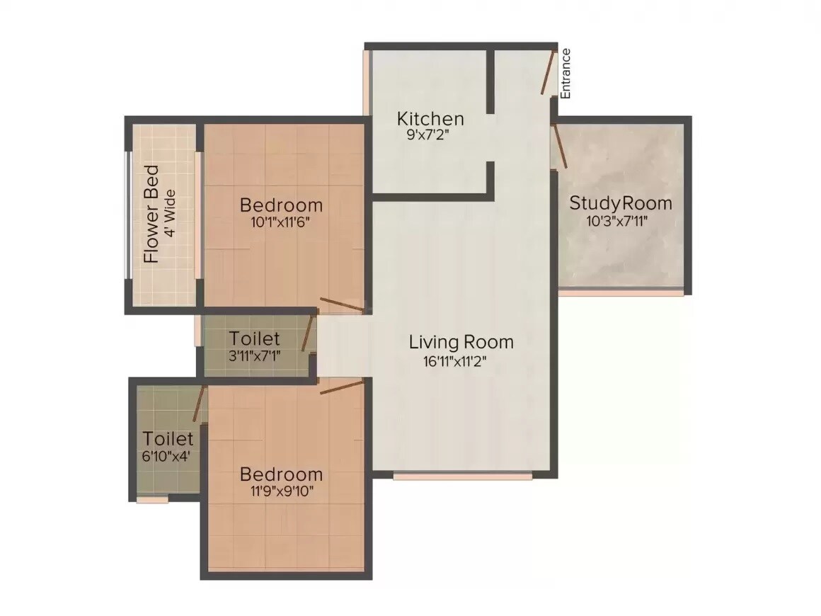 Floor plan of 2 BHK 742 Sq. Ft. Apartment in Right Vrindavan, Mumbai