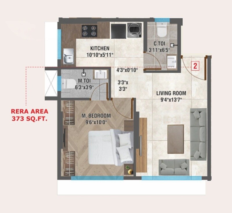 Floor plan of 1 BHK 373 Sq. Ft. Apartment in Rishab Om Brij Kutir, Mumbai