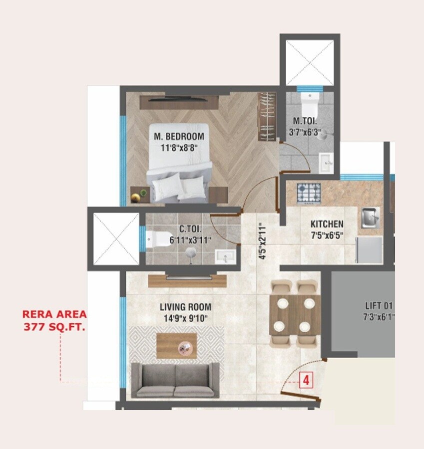 Floor plan of 1 BHK 377 Sq. Ft. Apartment in Rishab Om Brij Kutir, Mumbai