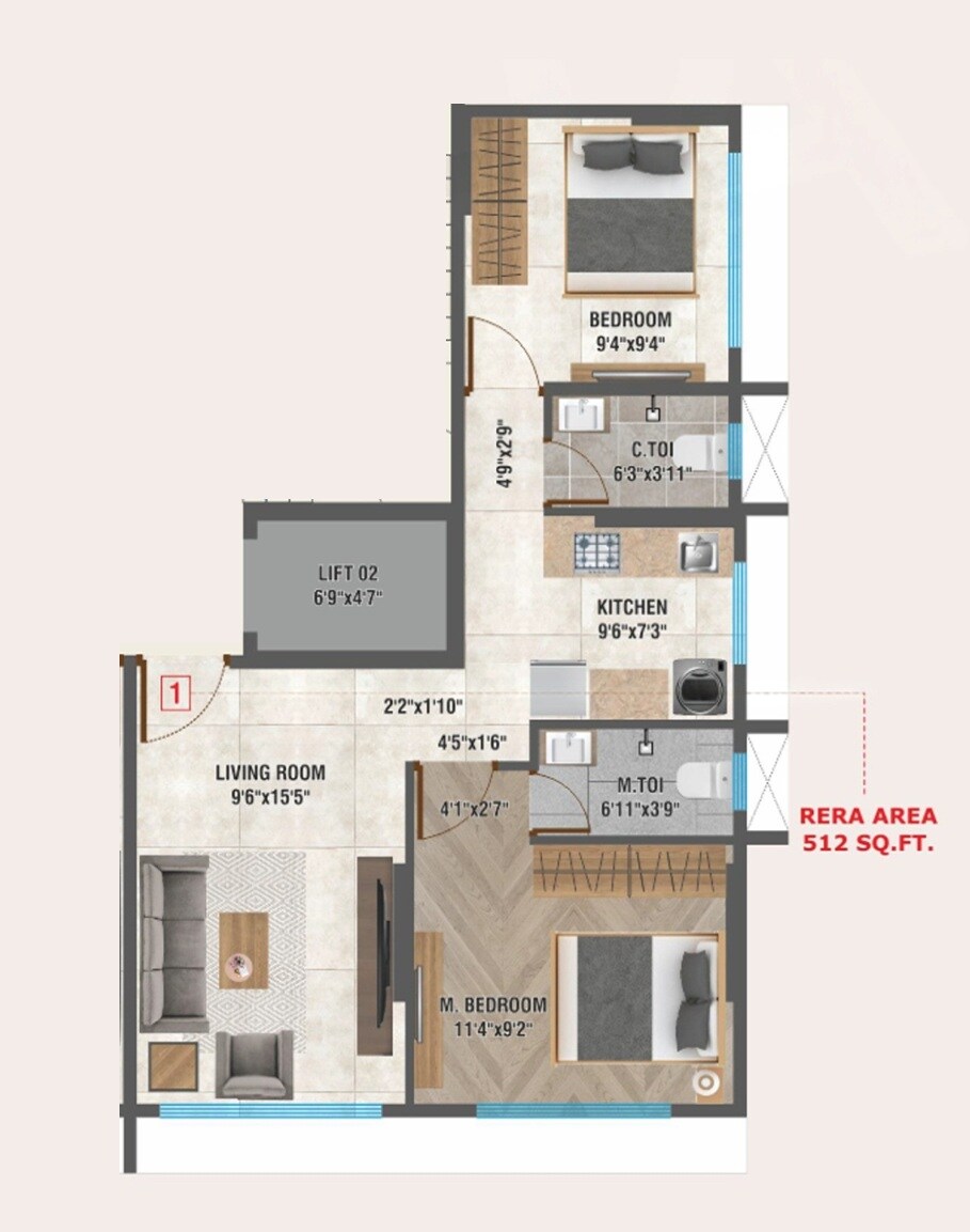 Floor plan of 2 BHK 512 Sq. Ft. Apartment in Rishab Om Brij Kutir, Mumbai