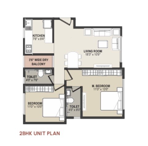 Floor plan of 2 BHK 750 Sq. Ft. Apartment in Rishabh Kshitij, Mumbai