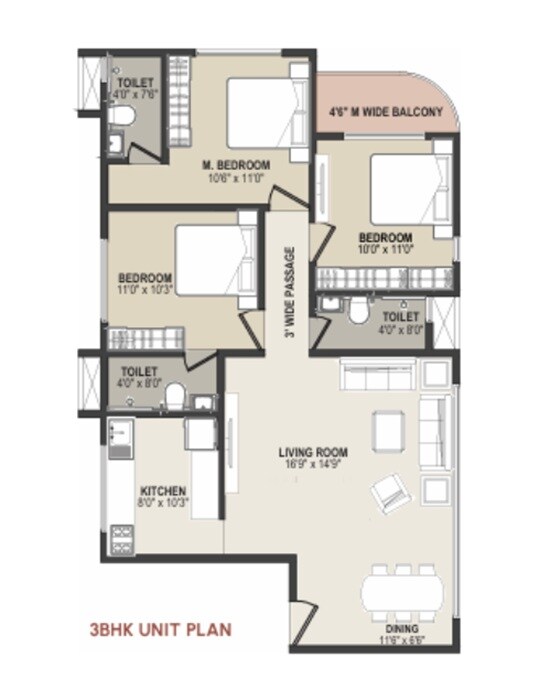 Floor plan of 3 BHK 972 Sq. Ft. Apartment in Rishabh Kshitij, Mumbai
