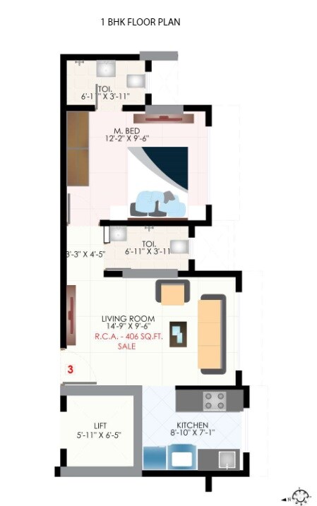 Floor plan of 1 BHK 406 Sq. Ft. Apartment in Rishabraj Agnel, Mumbai