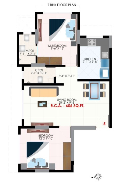 Floor plan of 2 BHK 606 Sq. Ft. Apartment in Rishabraj Agnel, Mumbai