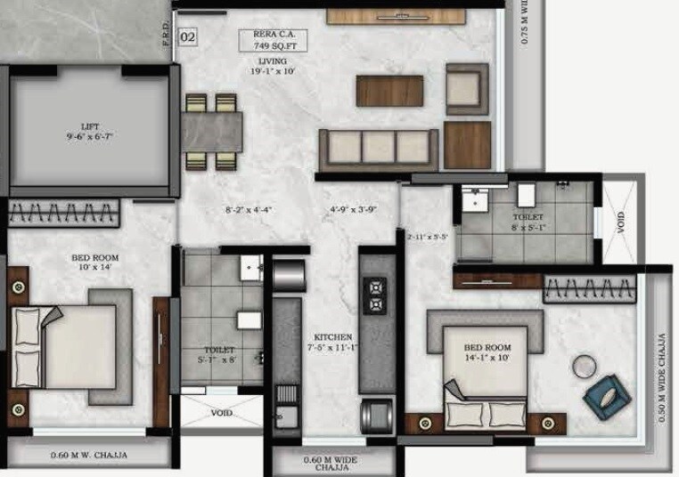 Floor plan of 2 BHK 749 Sq. Ft. Apartment in Rishabraj Blue Lotus, Mumbai