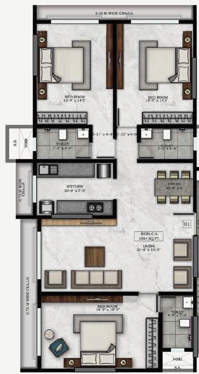 Floor plan of 3 BHK 1085 Sq. Ft. Apartment in Rishabraj Blue Lotus, Mumbai