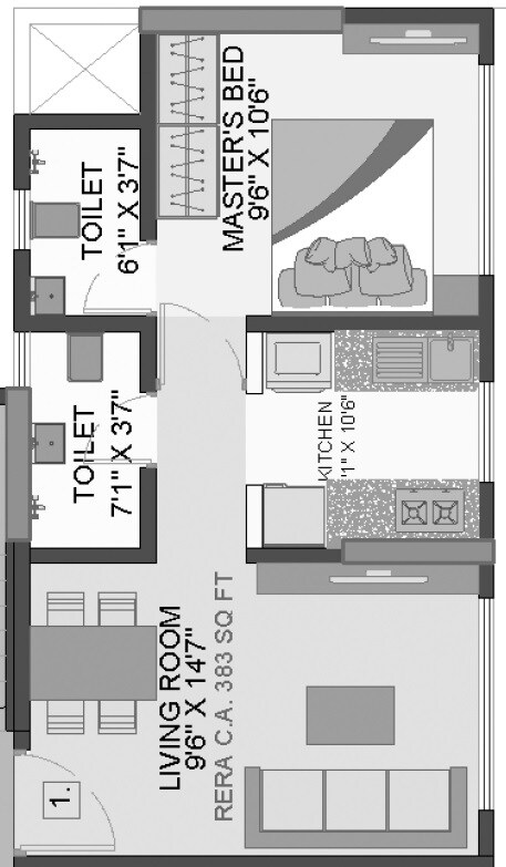 Floor plan of 1 BHK 382 Sq. Ft. Apartment in Rishabraj Pride, Mumbai