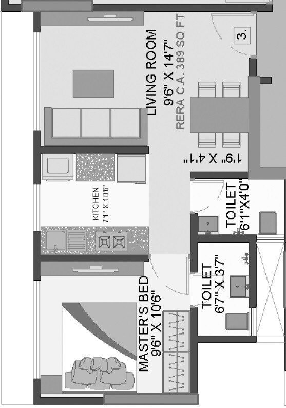 Floor plan of 1 BHK 389 Sq. Ft. Apartment in Rishabraj Pride, Mumbai