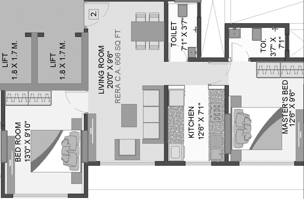 Floor plan of 2 BHK 606 Sq. Ft. Apartment in Rishabraj Pride, Mumbai