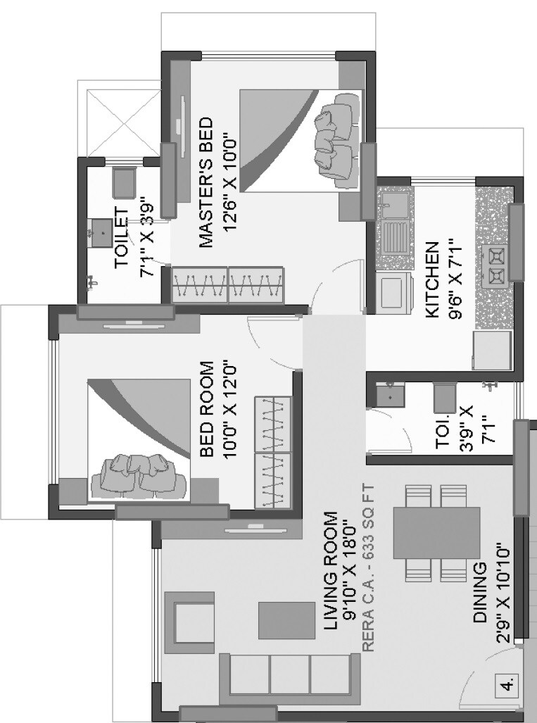 Floor plan of 2 BHK 633 Sq. Ft. Apartment in Rishabraj Pride, Mumbai