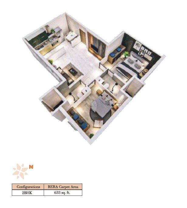 Floor plan of 2 BHK 633 Sq. Ft. Apartment in Rishabraj Vicinia, Mumbai