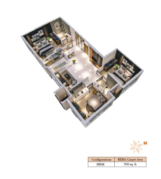 Floor plan of 3 BHK 950 Sq. Ft. Apartment in Rishabraj Vicinia, Mumbai