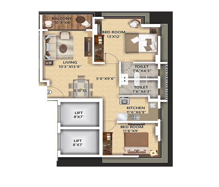 Floor plan of 2 BHK 631 Sq. Ft. Apartment in Rishiraj Pearl Aurelia, Mumbai