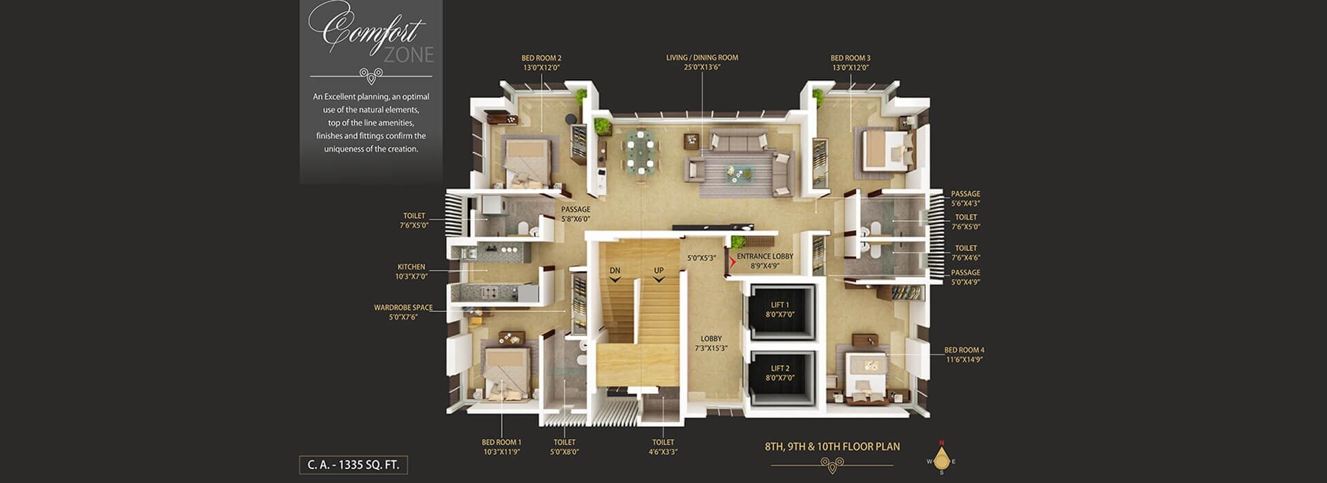 Floor plan of 4 BHK 1335 Sq. Ft. Apartment in Rishiraj Pearl Aurelia, Mumbai