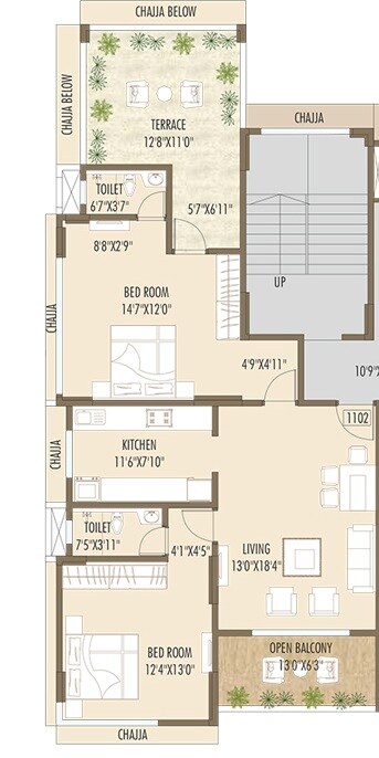 Floor plan of 2 BHK 808 Sq. Ft. Apartment in Rishiraj Pearl Crest, Mumbai
