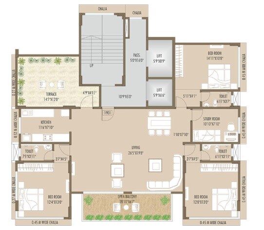 Floor plan of 3 BHK 1565 Sq. Ft. Apartment in Rishiraj Pearl Crest, Mumbai