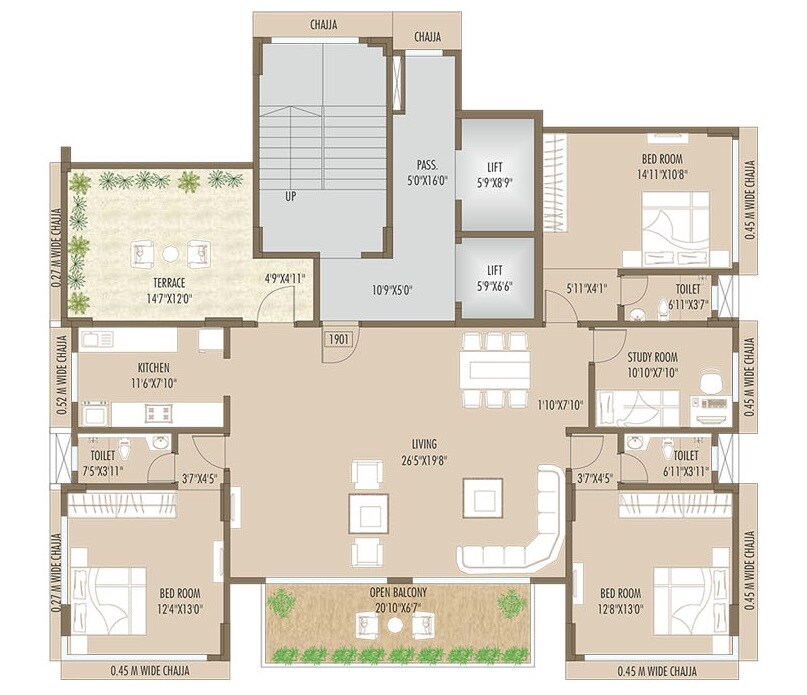 Floor plan of 3 BHK 1096 Sq. Ft. Apartment in Rishiraj PearlCrest, Mumbai
