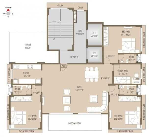Floor plan of 3 BHK 1454 Sq. Ft. Apartment in Rishiraj PearlCrest, Mumbai