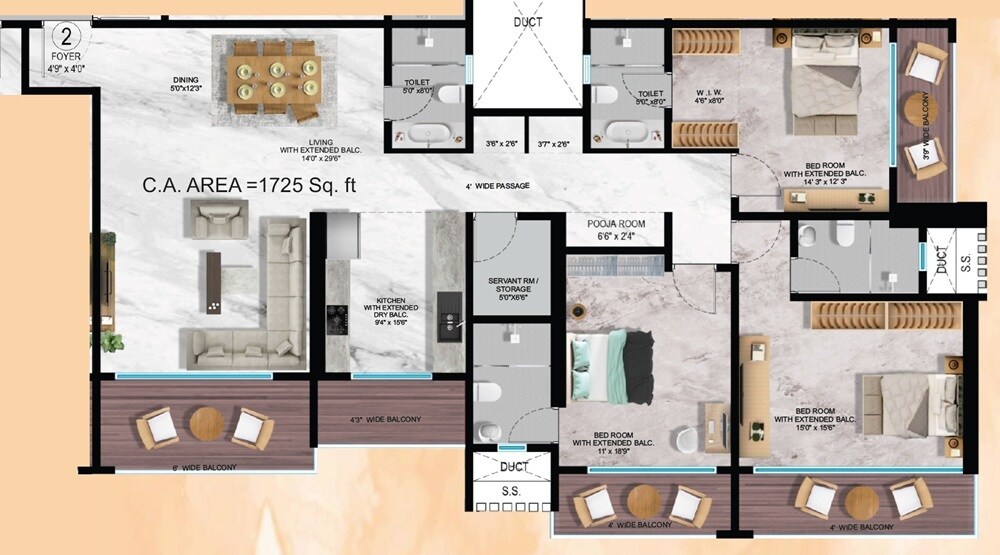 Floor plan of 3 BHK 1725 Sq. Ft. Apartment in Rita Palace, Mumbai