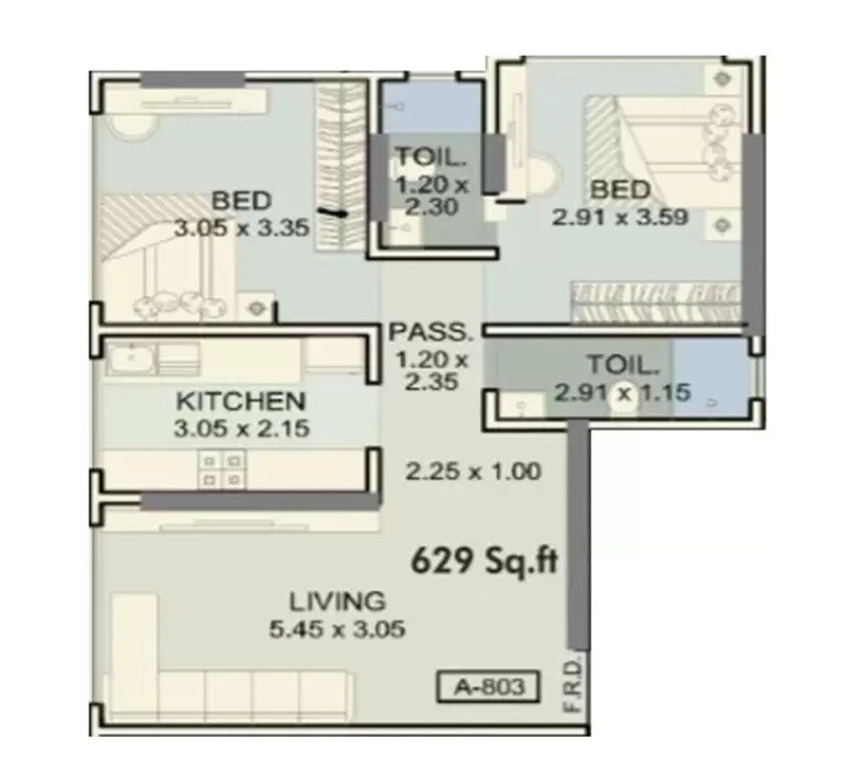 Floor plan of 2 BHK 629 Sq. Ft. Apartment in Rite Amor, Mumbai