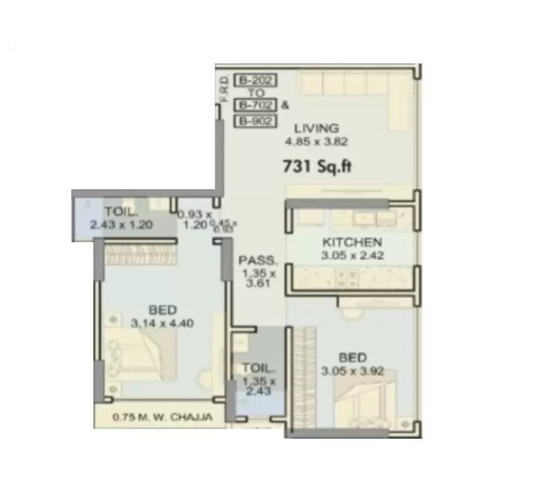 Floor plan of 2 BHK 731 Sq. Ft. Apartment in Rite Amor, Mumbai