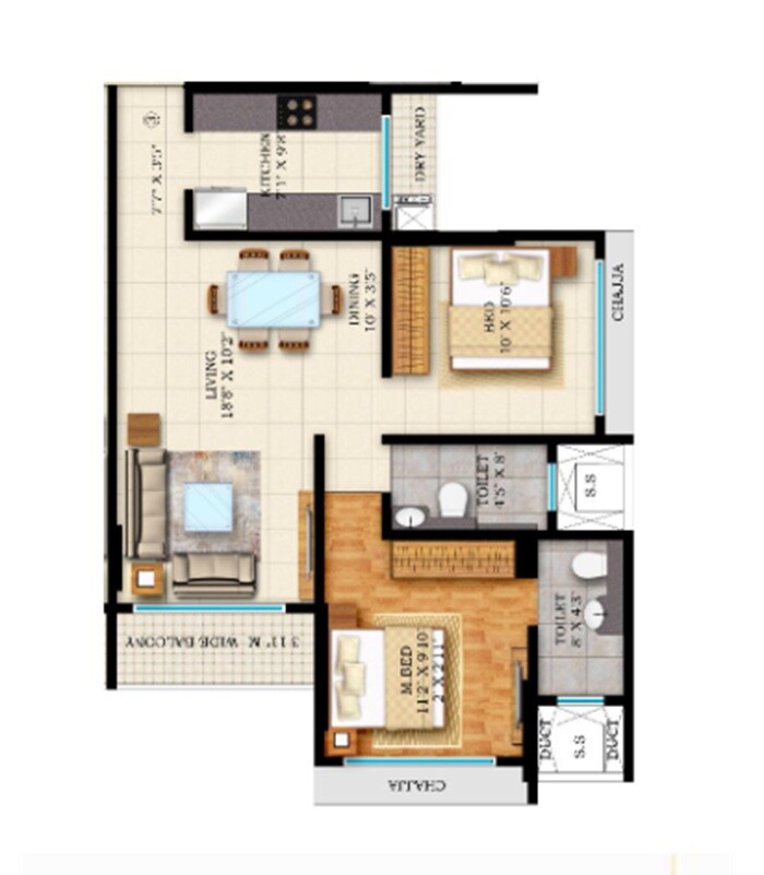 Floor plan of 2 BHK 718 Sq. Ft. Apartment in Rite Bimal Apartments CHS, Mumbai