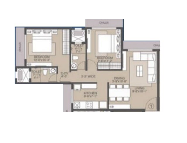 Floor plan of 2 BHK 582 Sq. Ft. Apartment in Rite Perimto, Mumbai