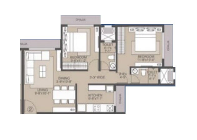 Floor plan of 2 BHK 630 Sq. Ft. Apartment in Rite Perimto, Mumbai