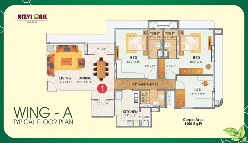 Floor plan of 3 BHK 1100 Sq. Ft. Apartment in Rizvi Oak, Mumbai