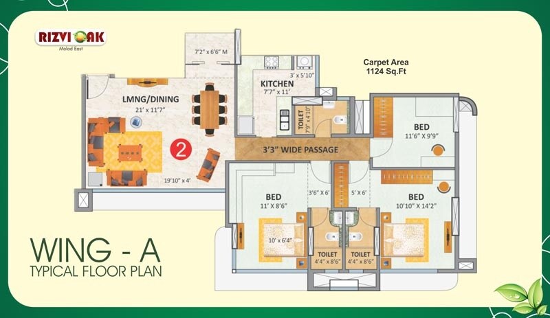 Floor plan of 3 BHK 1124 Sq. Ft. Apartment in Rizvi Oak, Mumbai