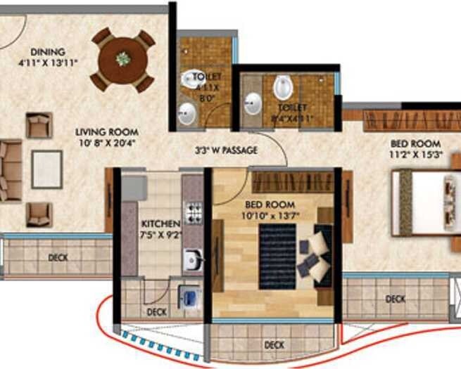 Floor plan of 2 BHK Apartment - 730 sq. ft. in RNA Continental, Mumbai