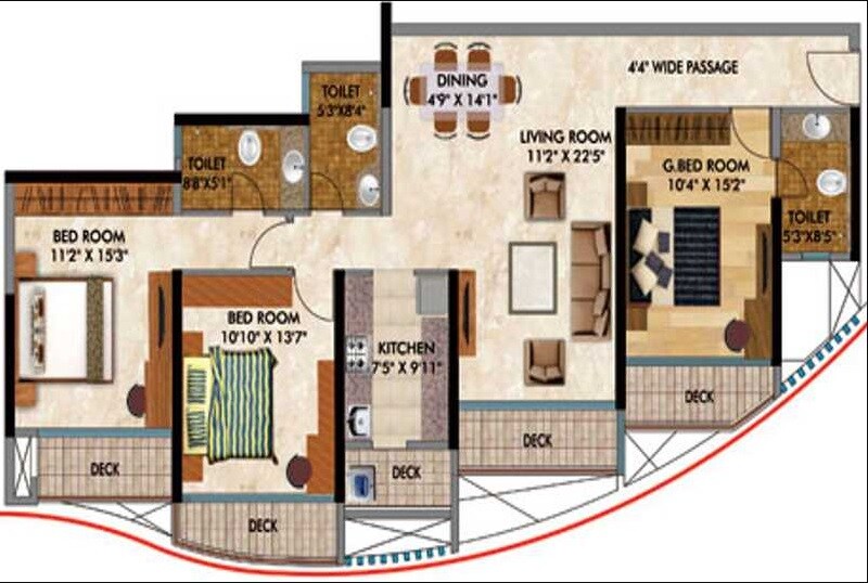 Floor plan of 3 BHK Apartment - 1046 sq. ft. in RNA Continental, Mumbai