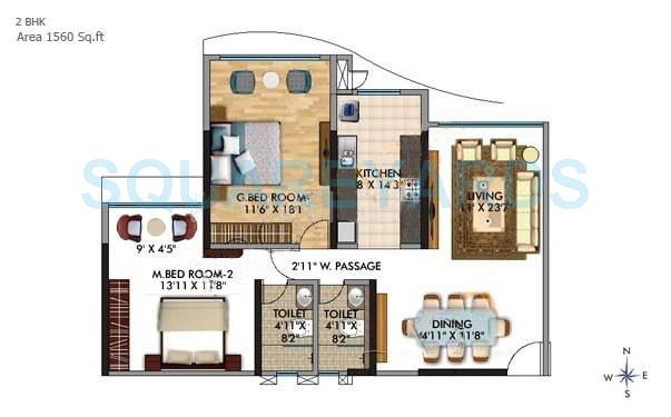 Floor plan of 2 BHK 1560 Sq. Ft. Apartment in RNA Corp Address, Mumbai