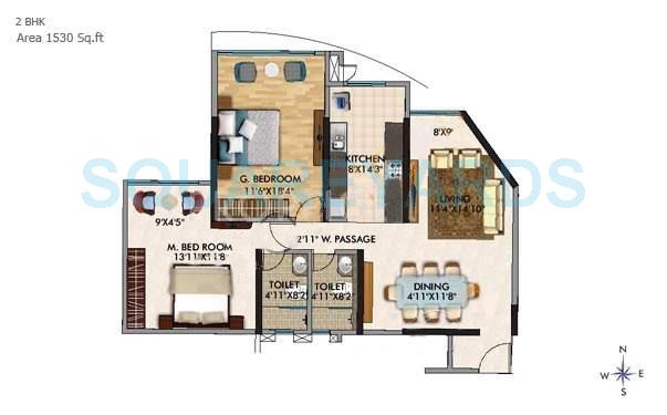 Floor plan of 2 BHK 1645 Sq. Ft. Apartment in RNA Corp Address, Mumbai