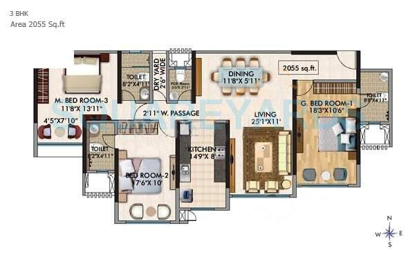 Floor plan of 3 BHK 2055 Sq. Ft. Apartment in RNA Corp Address, Mumbai