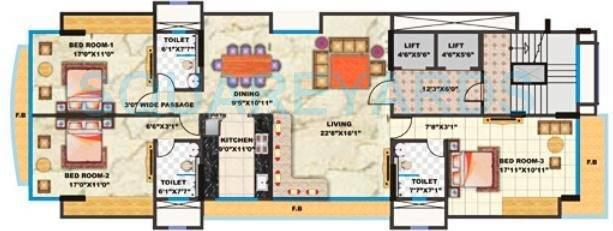 Floor plan of 3 BHK 2540 Sq. Ft. Apartment in RNA Corp Elegance, Mumbai