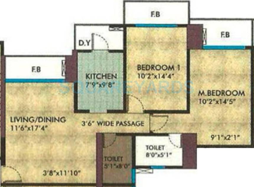 Floor plan of 2 BHK 1299 Sq. Ft. Apartment in RNA Corp Exotica, Mumbai