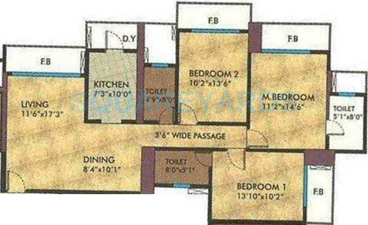 Floor plan of 3 BHK 1650 Sq. Ft. Apartment in RNA Corp Exotica, Mumbai