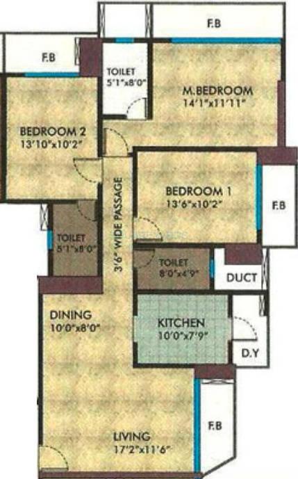 Floor plan of 3 BHK 1699 Sq. Ft. Apartment in RNA Corp Exotica, Mumbai