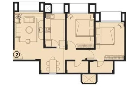 Floor plan of 2 BHK 1050 Sq. Ft. Apartment in RNA Corp Hills, Mumbai