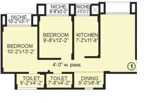 Floor plan of 2 BHK 1080 Sq. Ft. Apartment in RNA Corp Hills, Mumbai