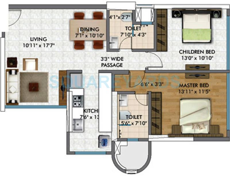 Floor plan of 2 BHK 1555 Sq. Ft. Apartment in RNA Corp Palazzo, Mumbai