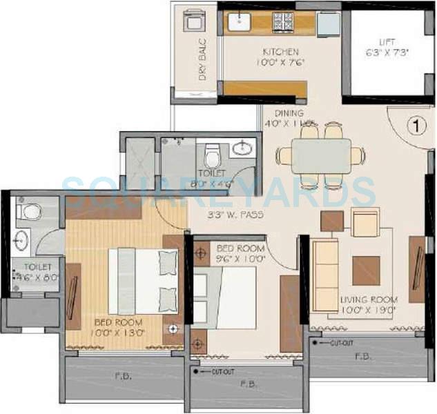 Floor plan of 2 BHK 1240 Sq. Ft. Apartment in RNA Corp Splendour, Mumbai